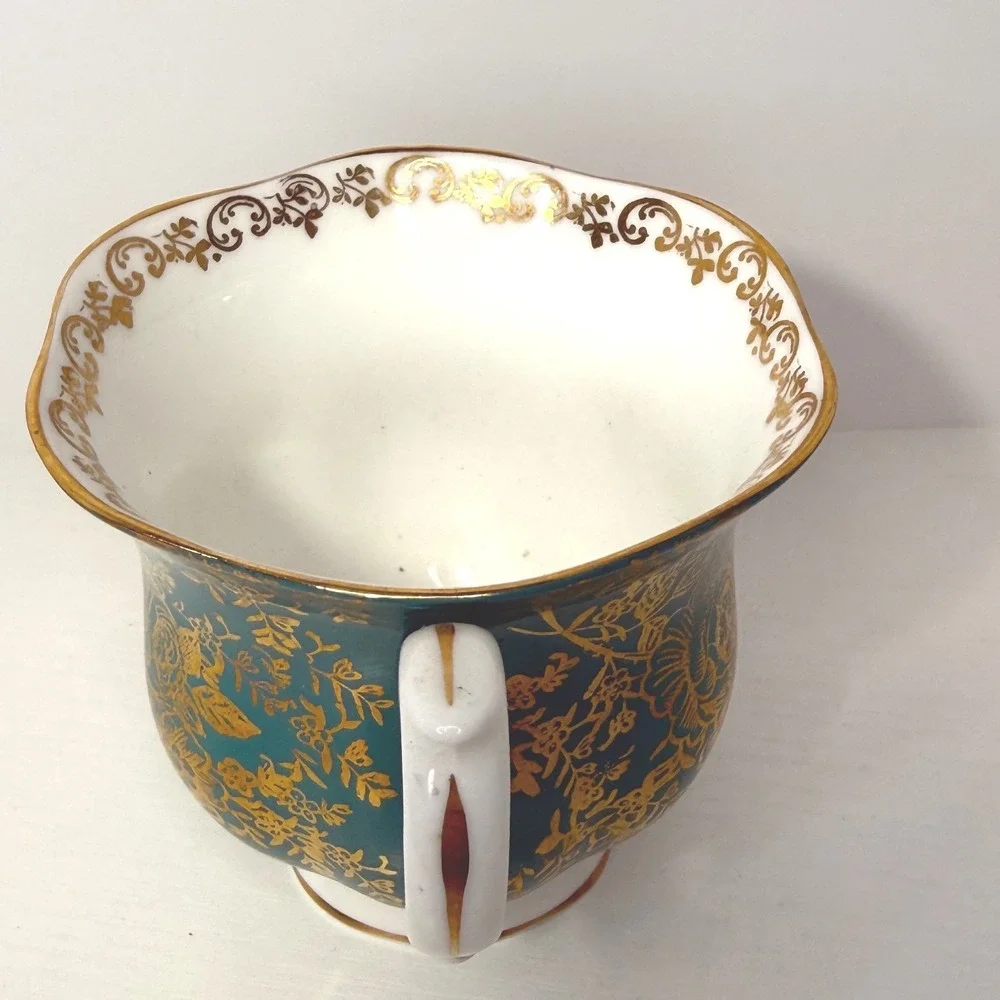 Crown Staffordshire England Creamer Pitcher Teal Gold Floral Fine Bone China